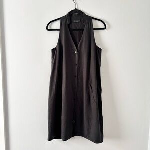 Ruti Linen Sleeveless l Button Front Dress Mini Collar V-Neck Pockets Black